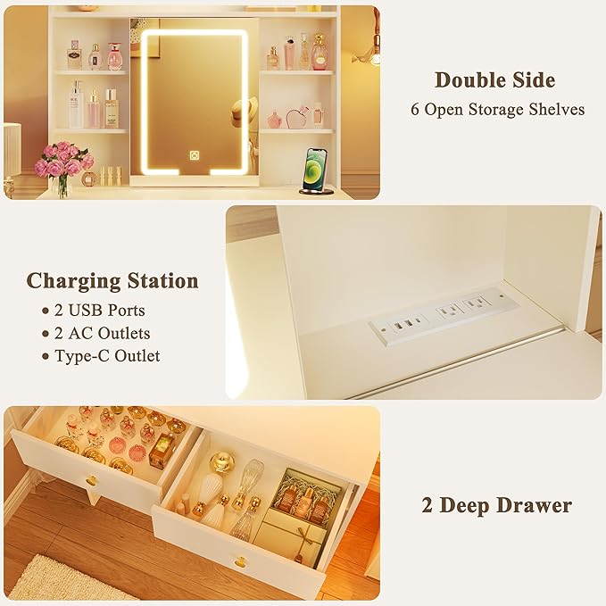 HUAHUU Vanity Desk with Mirror and Lights, 31" Makeup Vanity Desk with Lights 3 Colors, Small Vanity with 2 Storage Drawers & 6 Shelves for Girls Women Bedroom, White