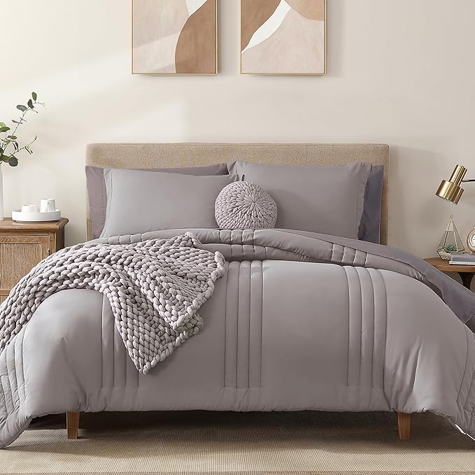 Monbix Full Comforter Set - 7 Pieces Cloud Purple Bed in a Bag Full Bedding Sets with Comforters, All Seasons Comforter Bed Set with Sheets, Pillowcases & Shams