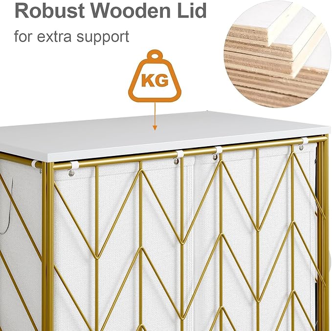 WOWLIVE Laundry Basket with Wheels, Heavy Duty Laundry Hamper with Wood Lid, Clothes Hamper with Divided Removable Liner Bag, Large Capacity Iron-Made Laundry Sorter Laundry Room Organization (Golden) - Image 6