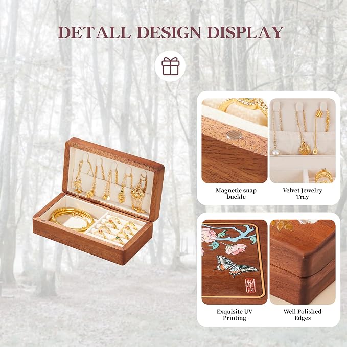 Travel Jewelry Case Small Wood Jewelry Organizer Jewelry Box for Women (Nut-Brown Print G) - Image 3