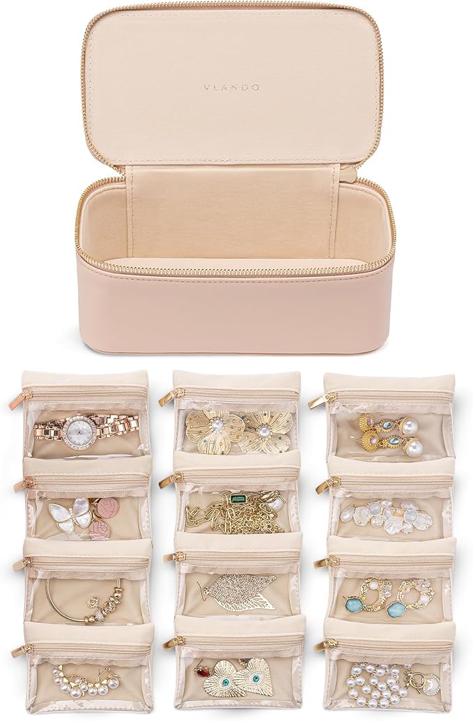 Vlando Jewelry Travel Case,Travel Jewelry Organizer with Clear Velvet Jewelry Bags 12Pcs Zipper Pouch for Women Wedding Gifts for Friends Sister-Khaki by VLANDO