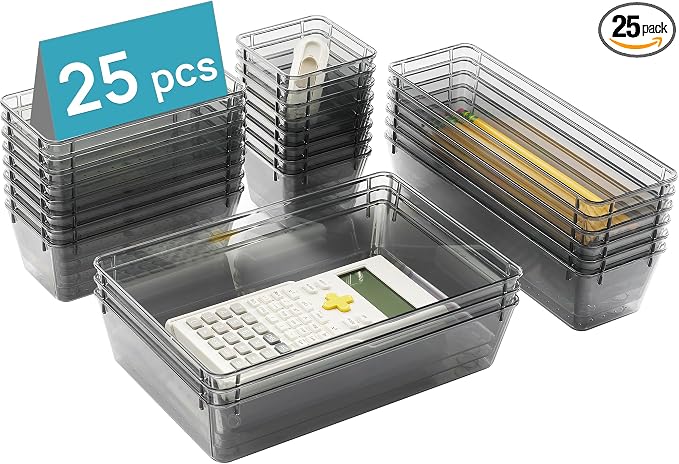 Vtopmart 25 PCS Office Desk Drawer Organizers Set, 4-Size Versatile Plastic Drawer Organizer Trays, Storage Bins for Desk Accessories Office Organizers and Storage, Bathroom, Makeup, Vanity by Vtopmart