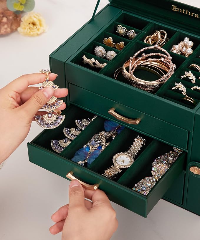 Enthralite Jewelry Box with 3 Drawers: Display Organizer for Earrings Necklaces - Gifts for Girls Women (Forest Green) - Image 4