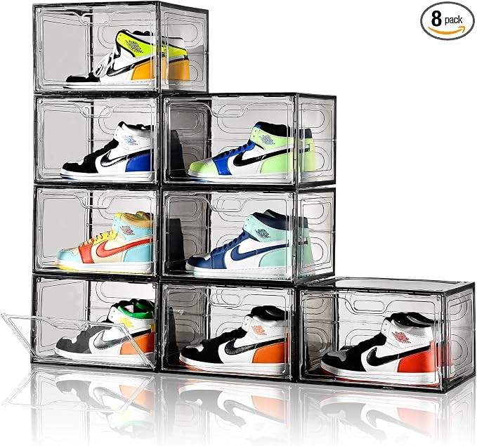 Amllas New Gray 8 Pack Shoe Boxes Stackable, Large Shoe Storage Organizer with Lids,Drop Side Shoe Containers for Entryway,Sneaker Storage Fit up to US Size 13 for Men/Women(13’’x 10.6”x 8.3”) by Amllas