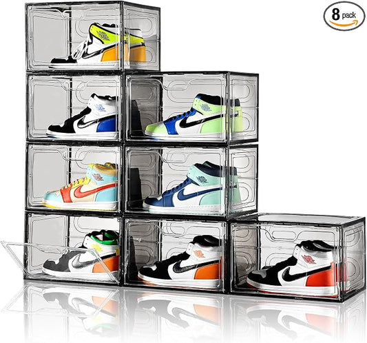 Amllas New Gray 8 Pack Shoe Boxes Stackable, Large Shoe Storage Organizer with Lids,Drop Side Shoe Containers for Entryway,Sneaker Storage Fit up to US Size 13 for Men/Women(13’’x 10.6”x 8.3”) by Amllas
