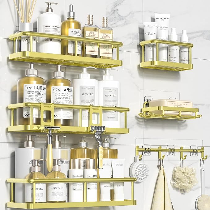 YASONIC Shower Caddy, 6 Pack Large Capacity Bath Organizer with Soap Holder and 12 Hooks, Rustproof Shower Shelves for Inside Shower, No Drilling&Sleek Bathroom Organizers and Storage Gold - Image 8