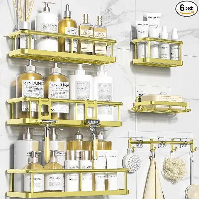 YASONIC Shower Caddy, 6 Pack Large Capacity Bath Organizer with Soap Holder and 12 Hooks, Rustproof Shower Shelves for Inside Shower, No Drilling&Sleek Bathroom Organizers and Storage Gold by YASONIC
