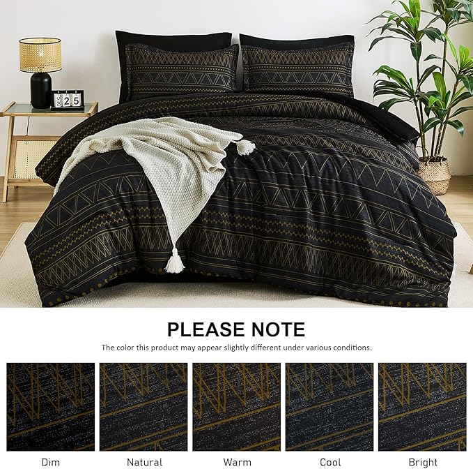 WONGS BEDDING Queen Comforter Set 7 Pieces, Boho Black Gold Geometric Striped Comforter for Queen Bed in a Bag, Soft Microfiber Bedding Set with Pillowcases, Flat Sheet, Fitted Sheet, Pillow Shams
