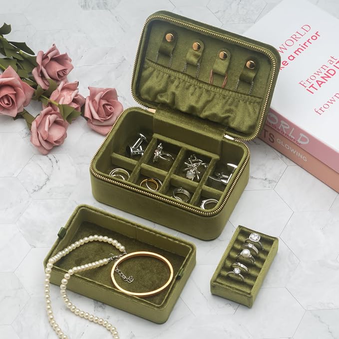 Velvet Travel Jewelry Organizer Box with Zipper Around Portable Accessory Display Tray Holder Storage Case for Multiple Earrings Rings Necklaces Bracelets (Olive Green) - Image 6