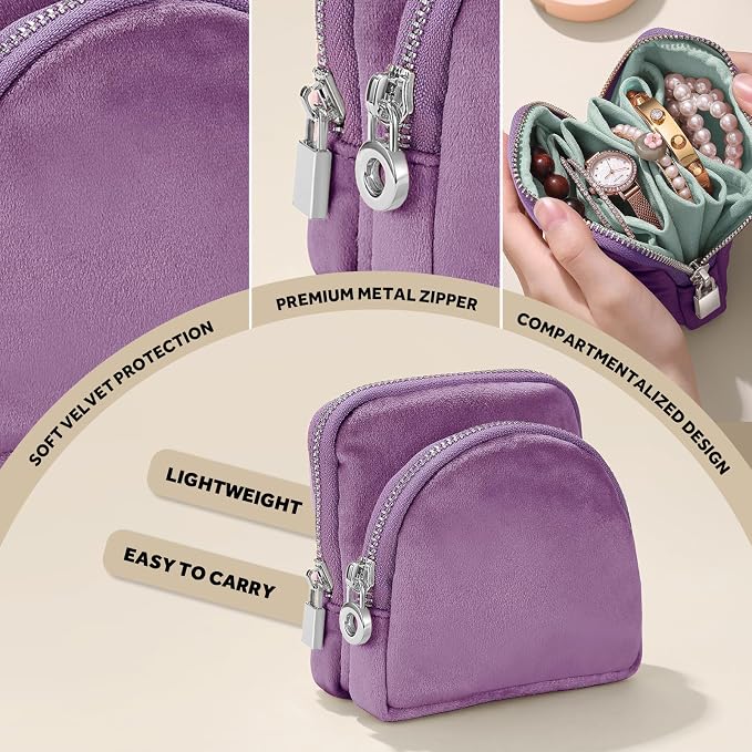 Small Travel Jewelry Case Set 2-in-1 Detachable Velvet Pouches, Portable Jewelry Organizer Bag for Rings Earrings Bracelets, Gift Box for Women (Lavender Purple) - Image 4