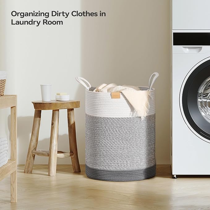 Nunsino Laundry Hamper 62L,Large Laundry Basket for Clothes,Decorative Storage Basket for Blankets,Cotton Rope Woven basket for bedroom,Grey White - Image 3