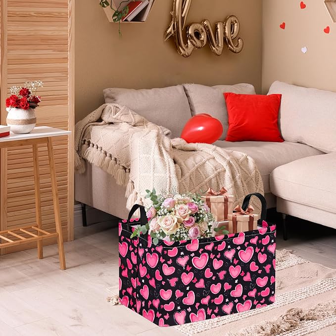 MAIZMZ Empty Gift Basket for Girls Heart Print Storage Cube for Women, Closet Shelf Waterproof Organizer Bins with Handles Nursery hamper Kids Toys Books Box Room Deco - Image 6