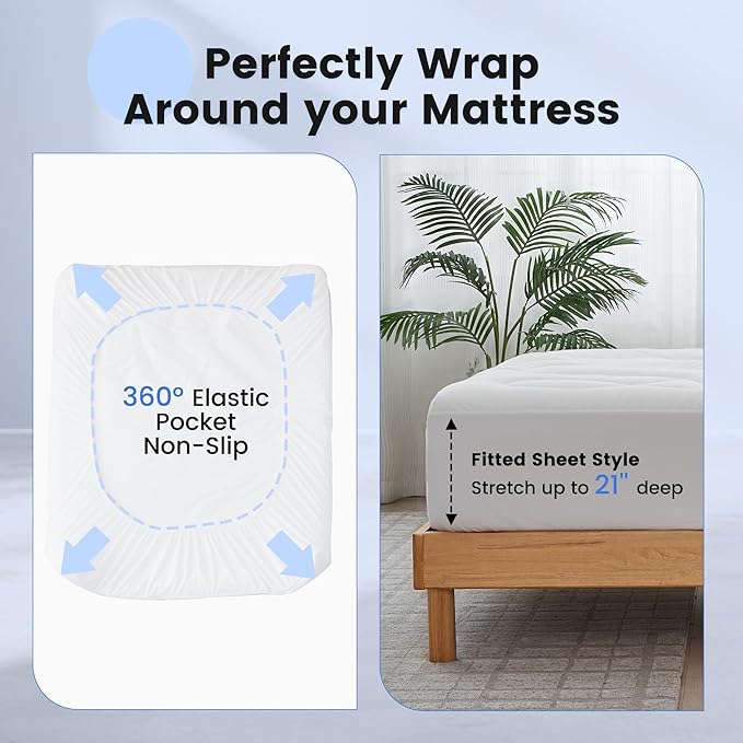 Waterproof Mattress Pad King, Quilted Fitted King Mattress Topper, Five-Layers Noiseless Mattress Protector Cover with 8"-21" Deep Pocket, Machine Washable, White, 78x80
