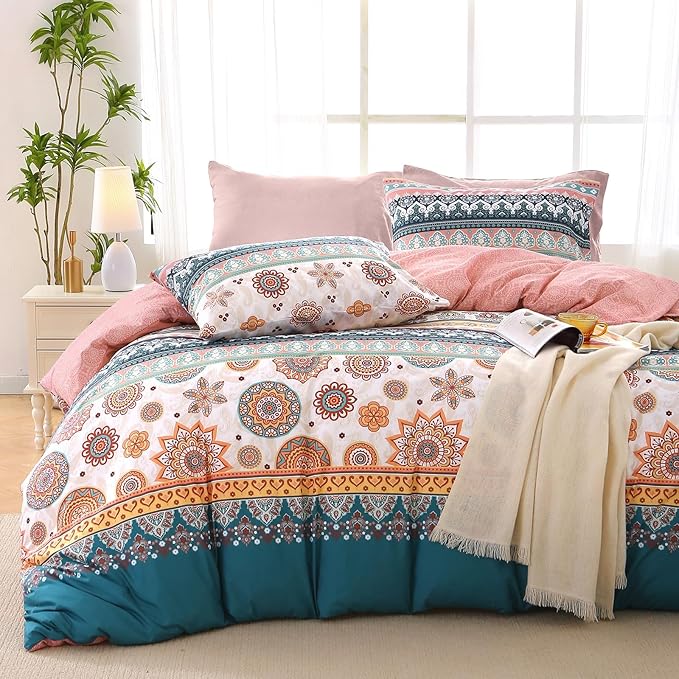MUXHOMO Bed in a Bag King 7 Pieces, King Comforter Set Reversible Bohemian Botanical Flowers Design, Ultra Soft & Breathable Bedding Sets with Comforter, Sheets, Pillowcases & Shams