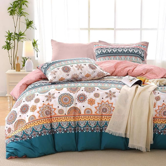 MUXHOMO Bed in a Bag Queen 7 Pieces, Queen Comforter Set Reversible Bohemian Botanical Flowers Design, Ultra Soft & Breathable Bedding Sets with Comforter, Sheets, Pillowcases & Shams