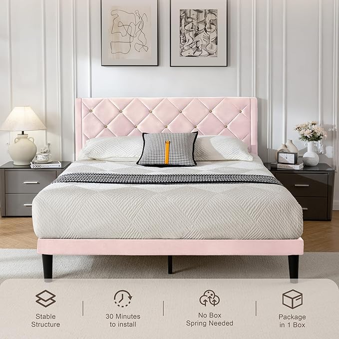 Queen Bed Frame with Headboard, Bed Frame Queen Size with Sturdy Wooden Slats Support, Platform Frame with Velvet Upholstered Headboard, Mattress Foundation, Easy Assembly, No Box Spring Needed Pink