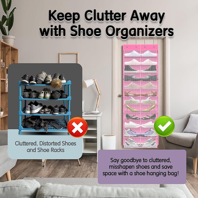 Kotkn Over The Door Shoe Organizer with 12 Large Breathable Pockets - Durable Hanging Storage for the Entire Family's Shoes (Pink) - Image 6