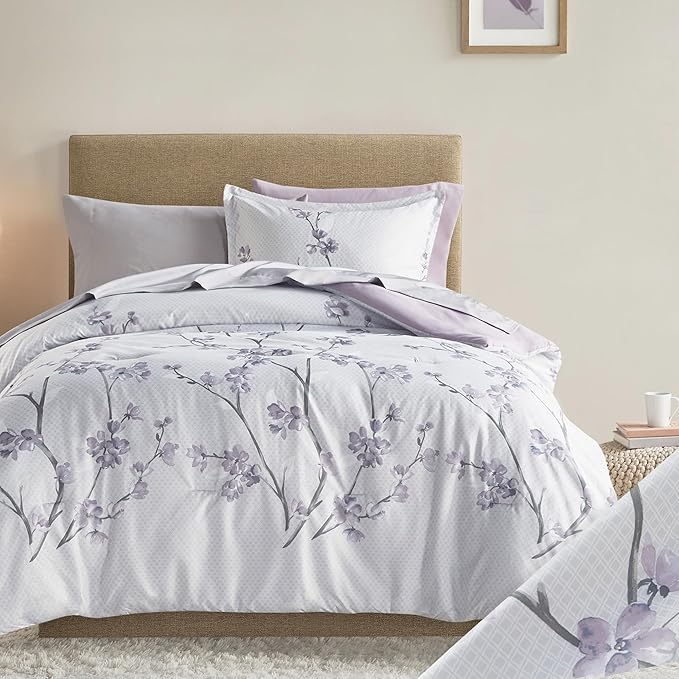 Comfort Spaces Bed in A Bag - Trendy Casual Design Cozy Comforter with Complete Sheet Set with Side Pocket, All Season Cover, Matching Shams Twin(66"x90"), Kate, Grey/Purple 6 Piece