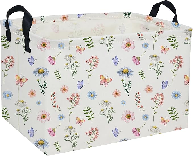 Rectangle Kids Baskets Flower Basket Cute Storage Bin Organizer Boys Box for Room Decor Gift Basket(Watercolor flower) by DDBASKET