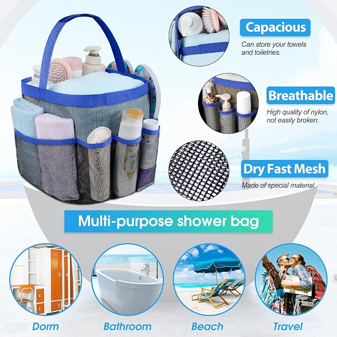 Attmu Mesh Shower Caddy Portable for College Dorm Room Camping Essentials, Shower Caddy Dorm with 9-Pockets, Large Capacity Hanging Basket Bathroom Bag for Toiletry, Swimming, Gym, Camp, Beach - Image 2
