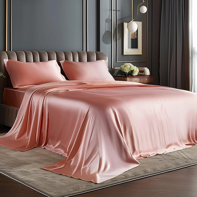 BEDELITE Satin Sheets Twin Size Bed Set, Luxury Soft Rose Pink Silky Sheets for Hair and Skin, Similar to Silk Bed Sheets Set 3 Pieces with 1 Deep Pocket Fitted Sheet, 1 Flat Sheet, and 1 Pillowcase