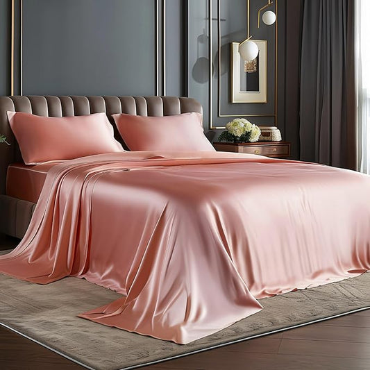BEDELITE California King Sheets Set, Luxury Soft Rose Pink Satin Sheets for Hair and Skin, Similar to Silk Bed Sheets Set 4 Pieces with 1 Deep Pocket Fitted Sheet, 1 Flat Sheet, and 2 Pillowcases