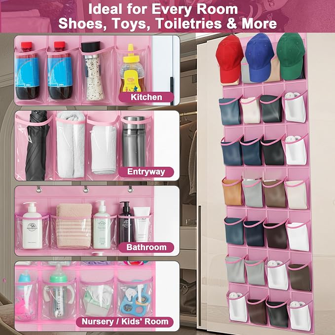 Over-the-Door Kids Shoe Organizer, Pink Shoe Rack for Door, 24 Crystal Clear Pockets, Heavy-Duty Hanging Organizer, 3 Metal Hooks for Toddler Shoes - Image 3