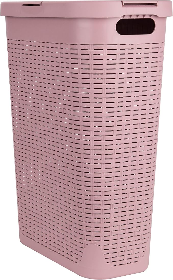 Mind Reader Slim Laundry Hamper with Lid, 40L Clothes Basket, Narrow Tapered Design with Ventilated Cutout Pattern, Plastic, Pink by MindReader