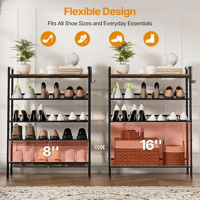 5 Tier Shoe Rack, Shoe Rack for Entryway with Hook, Shoe Organizer with Adjustable Mesh Shelves, Metal Shoe Storage, Closet, Bedroom Living Room Garage - Image 4