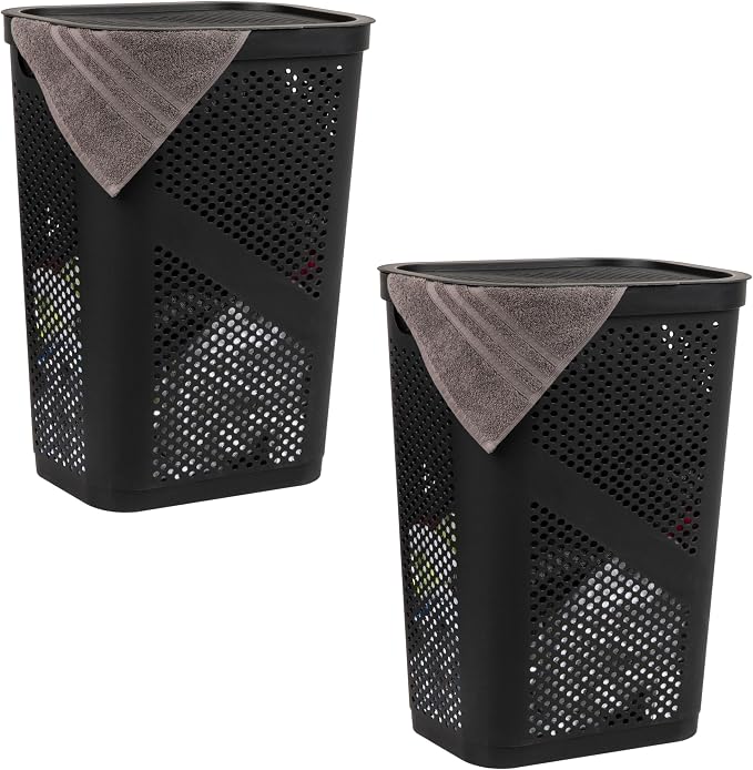 Mind Reader 60L Slim Laundry Hamper, Clothes Basket, Lid, Ventilated, Plastic, Set of 2, Black by MindReader