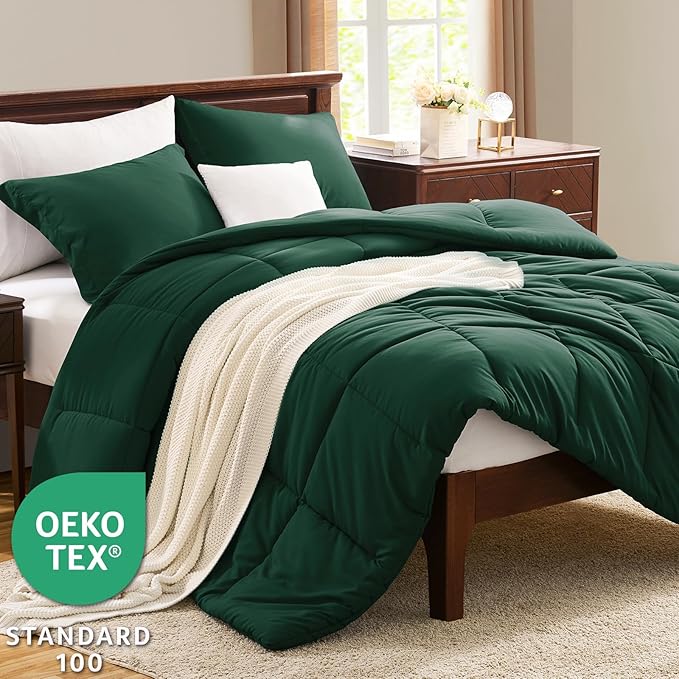 CozyLux Full Size Comforter Sets - Emerald Green Comforter Full Size, 3 Pieces Box Stitched Bed Set for All Seasons, Soft Lightweight Bedding Sets with 1 Down Alternative Comforter and 2 Pillow Shams