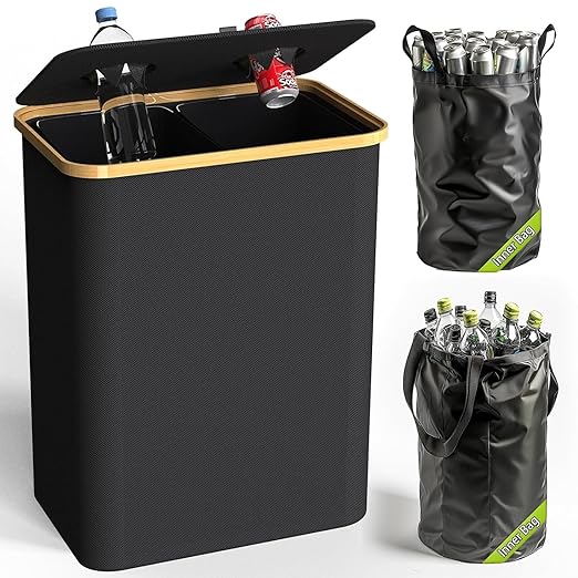 Recycling Bin Kitchen Indoor Home 40 Gallon 156L Recycle Bin with Lid 2 Removeable Reusable Inner Bag Bottle Can Glass Waste Plastice,Big Black by Pakusane