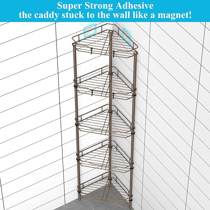 HuggieGems 5 Tier Floor Standing Corner Shower Caddy Organizer Shelf with Hooks, Bathroom Shelves Stand Rack, Bronze - Image 2