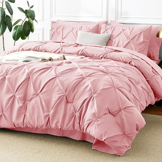 CozyLux Full Size Comforter Sets Pink, 7 Pieces Pintuck Bed in A Bag Pink Comforter Full Size, Pinch Pleat Bedding Sets with All Season Comforter, Sheets, Pillowcases & Shams