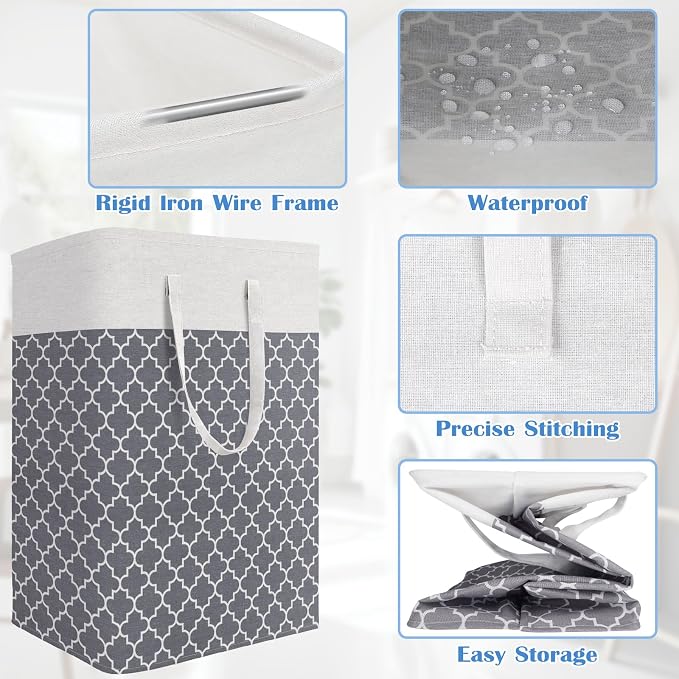 BlissTotes 3-Pack Laundry Basket, Freestanding＆Waterproof Laundry Hamper, Collapsible Tall Clothes Hamper with Easy Carry Handles for Clothes, Towels in the Family and Dorm,Clover Grey,75L - Image 4