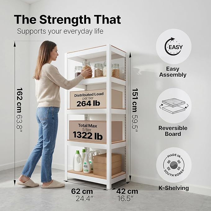 HOMEDANT House 24.4" W 5 Tier Heavy Duty Garage Shelving Adjustable Metal Rack Storage Shelves Standing Shelf Unit Organizers Pantry Closet Office White 2Pack - Image 2