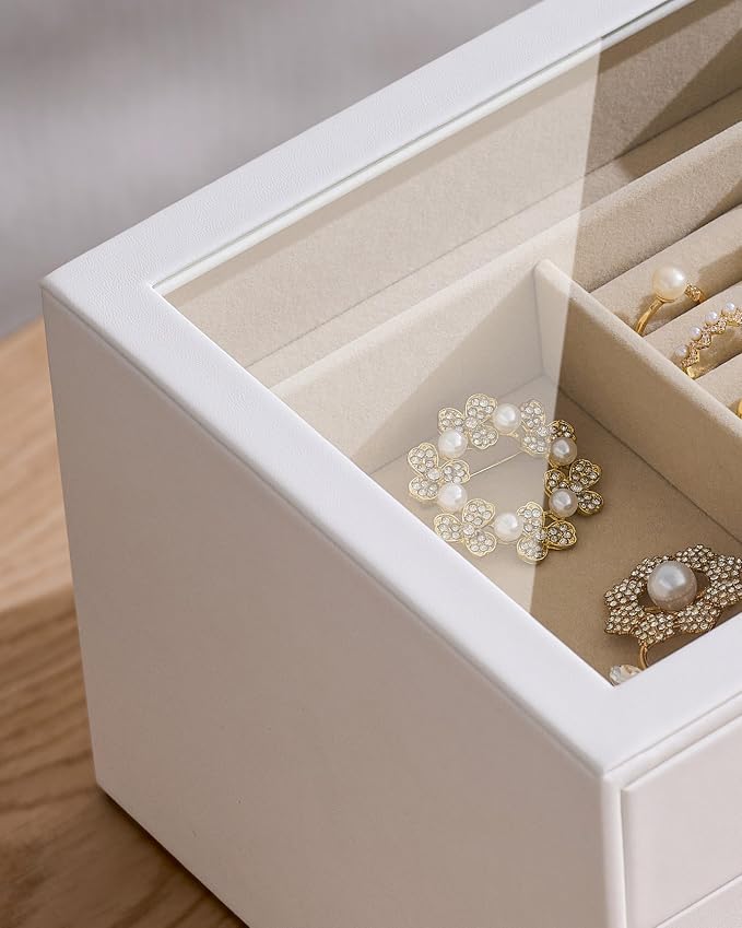 pickpiff Jewelry Box Organizer Case for Women: 4-Layer Jewelry Storage Case with Glass Window, Pure White Leather with Velvet Holder for Ring Necklace Bracelet Brooch Watch, Great Gift for Her - Image 8