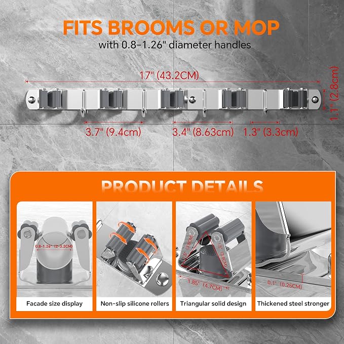 5 Grippers Broom Holder Wall Mount with 4 Hooks Stainless Steel Mop and Broom Organizer Self Adhesive or Screw Fixing for Garden Tool Rack Closet Laundry Room Kitchen Garage Storage Utility Hook - Image 3