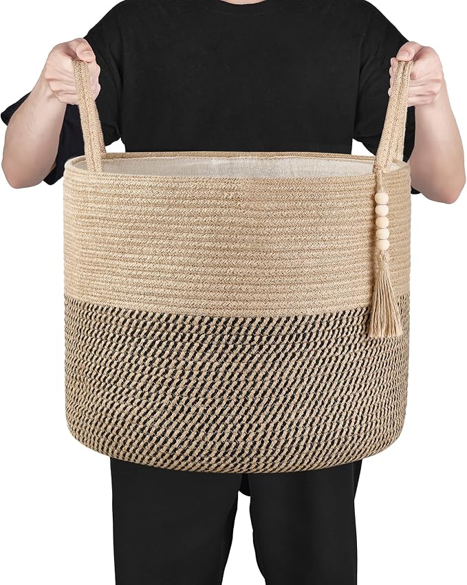 Mkono Woven Storage Basket Decorative Rope Basket Wooden Bead Decoration for Blankets,Toys,Clothes,Shoes,Plant Organizer Bin with Handles Living Room Home Decor, Yellow and Black, 16" W × 13.8" - Image 6