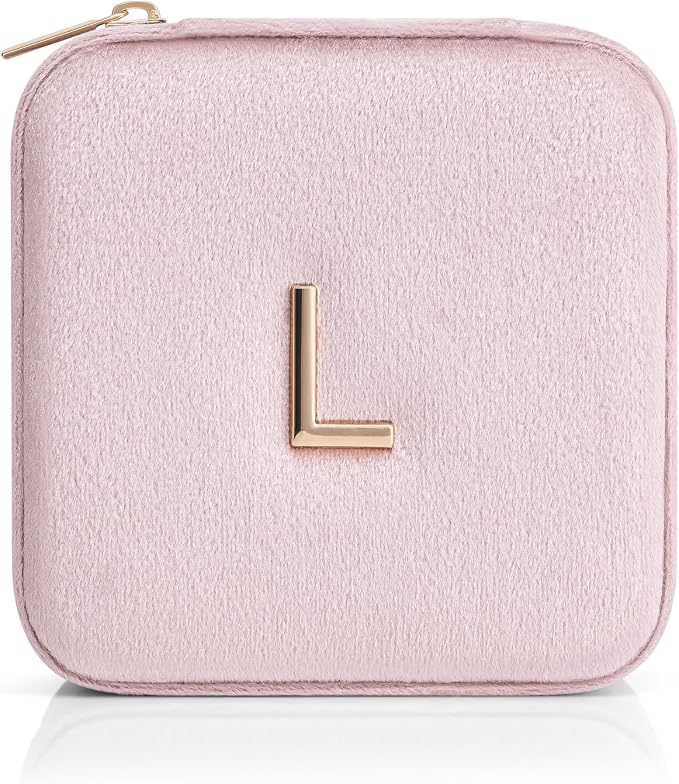 Vlando Small Travel Jewelry Box Organizer Display Case for Rings Earrings Necklaces Storage, Selected Soft Velvet, Letter L Engraved, Pink - Image 6