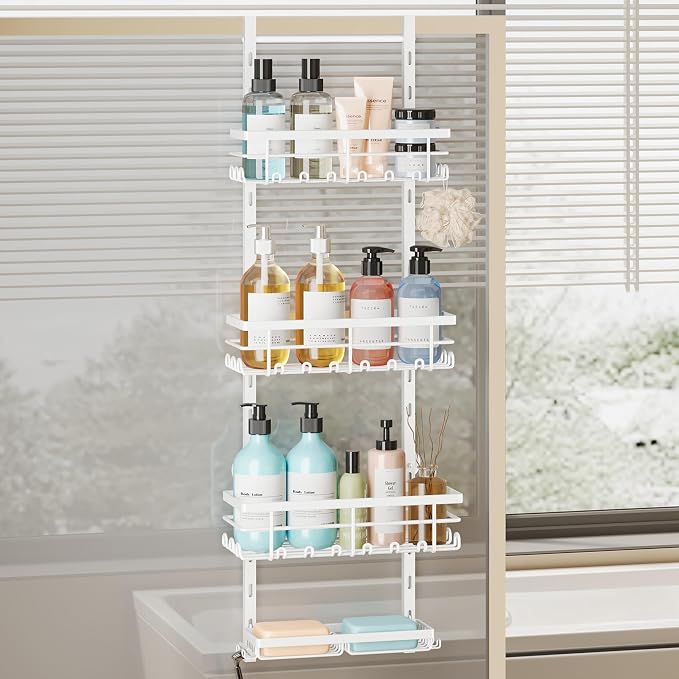 SWTYMIKI Over The Door Shower Caddy - 4 Tier Rustproof Hanging Shower Organizer with Adjustable Shelves, 40 Hooks & Soap Holder, Hanging Shower Rack Storage for Bathroom Accessories, White by SwtyMiki-TidyHomeSweetLife