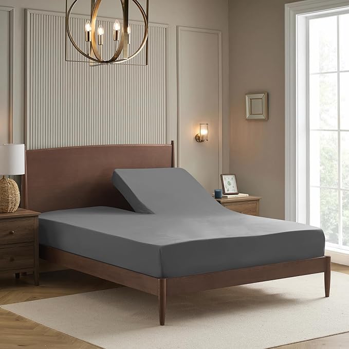 Split Head King Sheets Set for Adjustable Beds 4 Piece Flex Top Bed Sheets – Deep Pocket Split Top Fitted Sheet with Built-in Corner Straps, Luxury Soft Cooling Bedding, Wrinkle Resistant, Gray