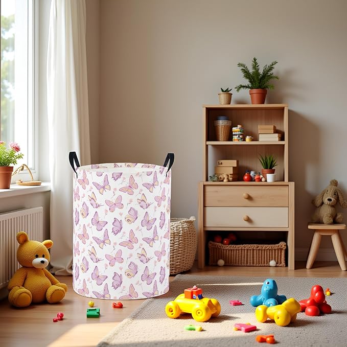 Baby Laundry Basket Baby Nursery Hamper Kids Laundry Basket Toy Storage Bin for Boys Room Decor Gift Baskets for Bedroom Bathroom(Purple Butterfly) - Image 3