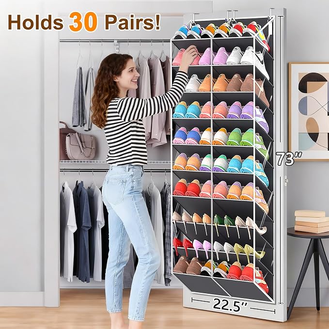 UVIAHOMI 20-30 Pairs Over the Door Shoe Organizer, Clear Pockets Hanging Shoe Storage for Closet, 10-Tier Door Shoes Rack, Handing Shoes Holder Fit All the Family's Sneakers, Boots, Heels, Dark Grey - Image 2