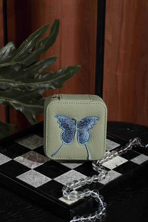 S.Leaf Travel Jewelry Organizer Boxes for Women Small Portable Necklace Earrings Bracelet Rings Travel Case Best Friend Birthday Gifts for Women Trendy (Butterfly_Fadegreen_Gray) - Image 2