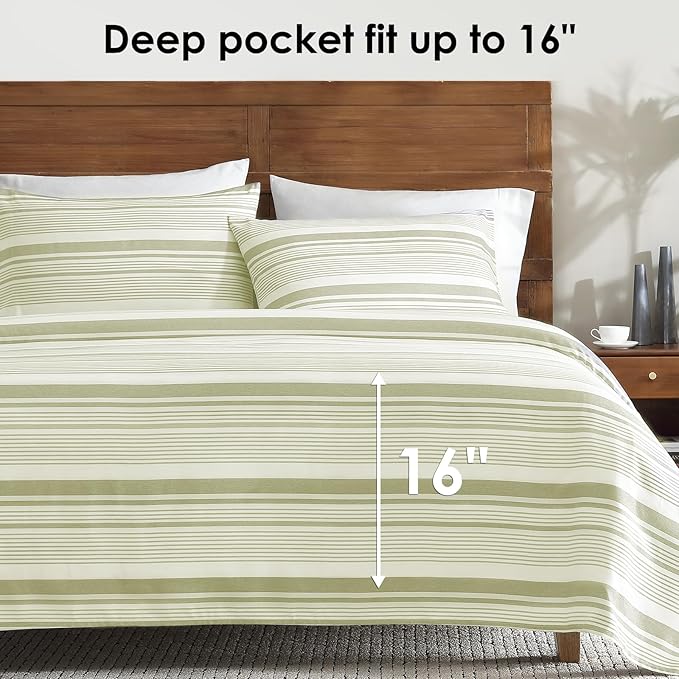 ClevaHome Classic Stripe Sheet Set - 4 Pieces Super Soft & Breathable Bed Sheet Set with Deep Pocket, Enhanced Comfort & Easy Care (King, Sage Stripe)