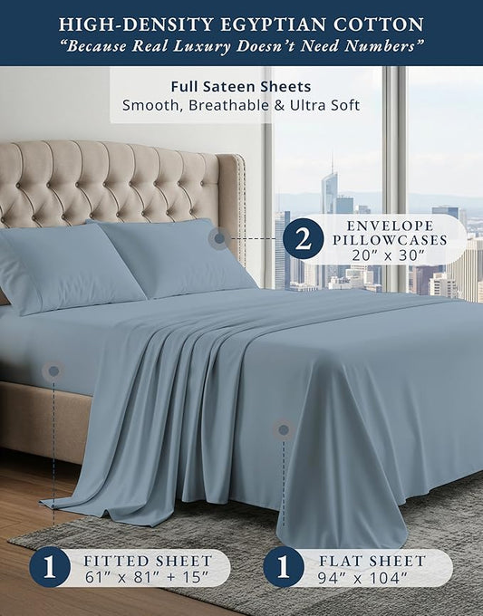 LANE LINEN Luxury Hotel Style 100% Egyptian Cotton Bed Sheets Full Size, Mercerized Cotton, No Pill Fade Resistant Sustainably Produced Full Bedding Sheets & Pillowcases- French Blue