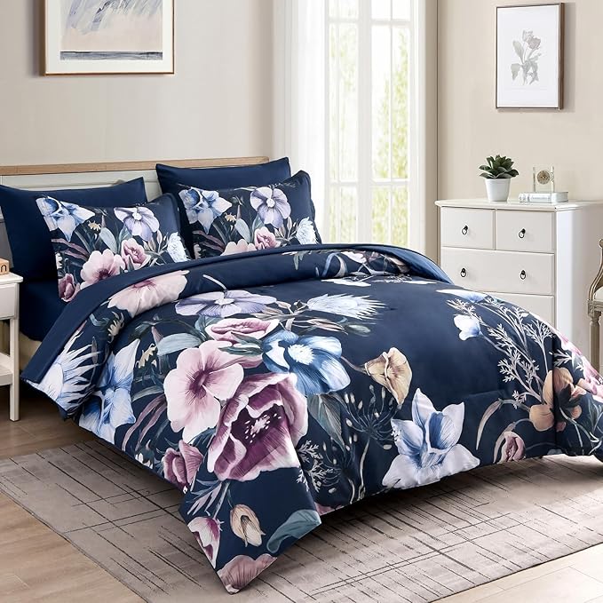 Luxudecor Floral Comforter Set Queen Size 7 Piece, Navy Flower Bed in a Bag, Elegant Floral Comforter with Sheet Set, Soft Microfiber Bedding Set for All Season (Navy, 90"x90")