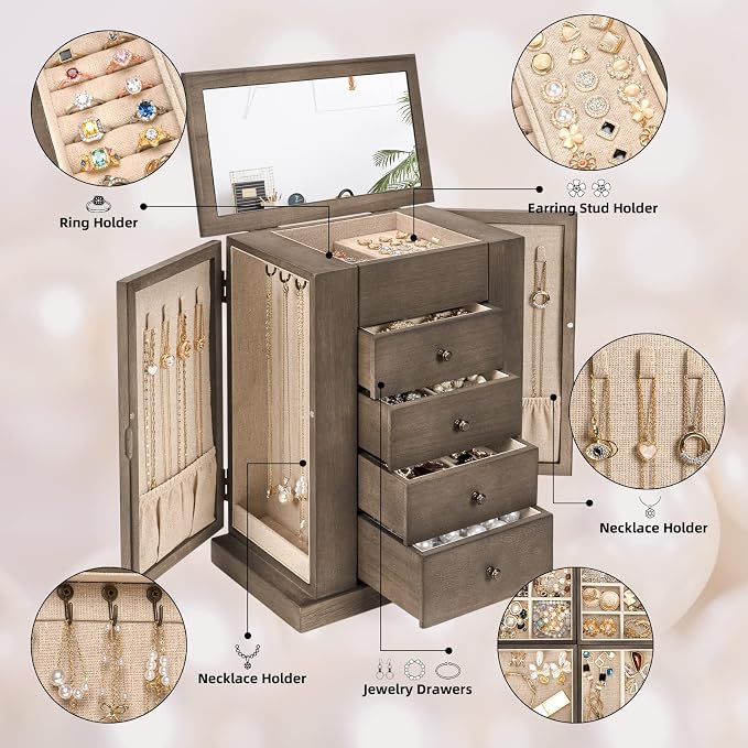 Emfogo Jewelry Box for Women, 5 Layer Large Wood Jewelry Boxes & Organizers for Necklaces Earrings Rings Bracelets, Rustic Jewelry Organizer Box with Drawers and Mirror(Weathered Gray) - Image 3