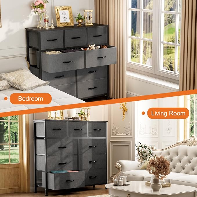 Sweetcrispy 9-Drawer Fabric Dresser Storage Tower with Wood Top and Steel Frame, Organizer Chest with Easy Pull Handles for Bedroom, Closet, Hallway,Modern Gray - Image 7